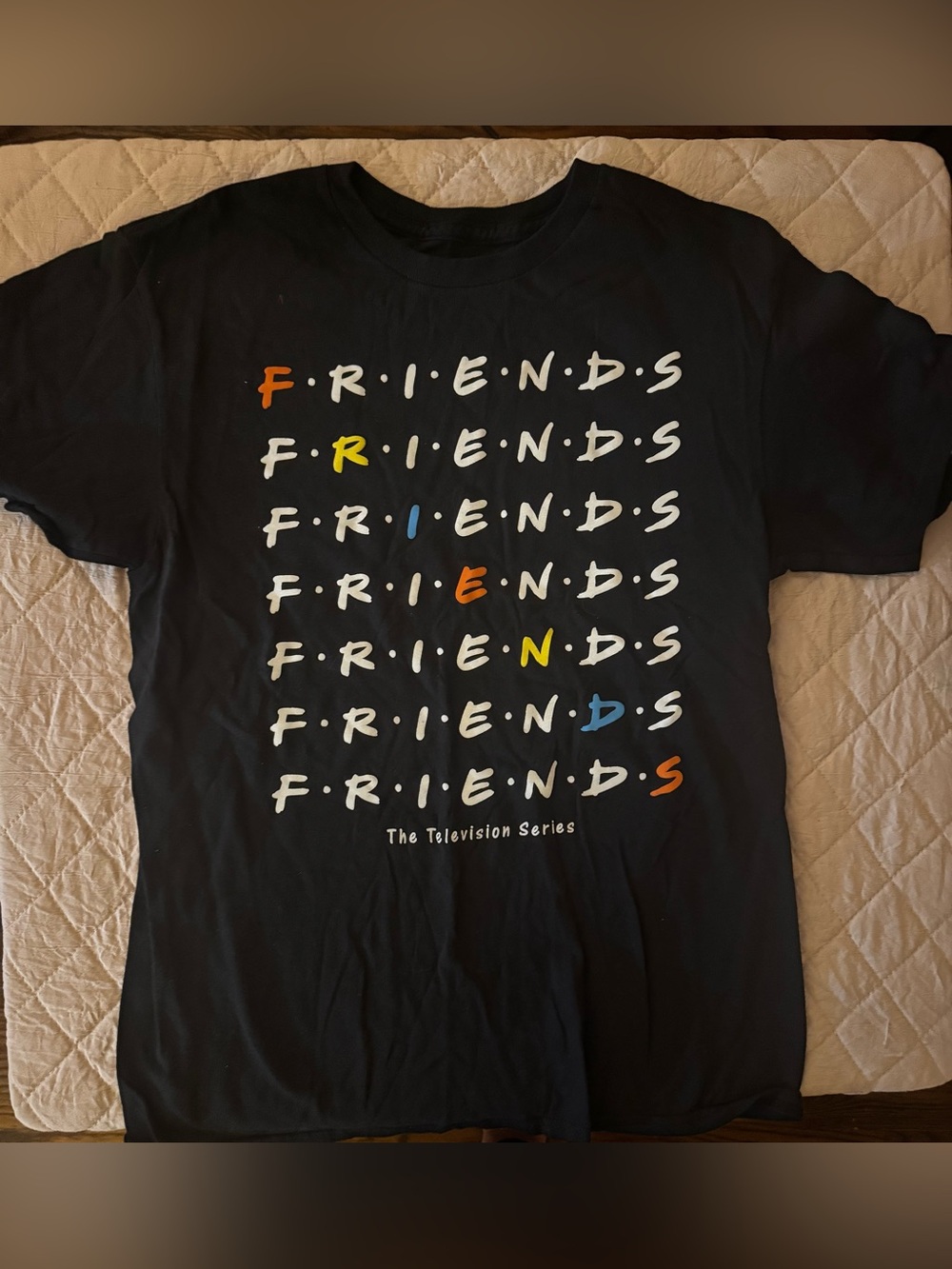 FRIENDS Black Graphic Tee with Orange Yellow and Blue Accents